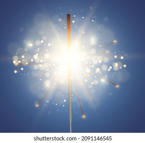 Magical light. Sparkler. Candle sparkling on the background. Realistic vector light effect. Winter, seasonal christmas decoration illustration.	