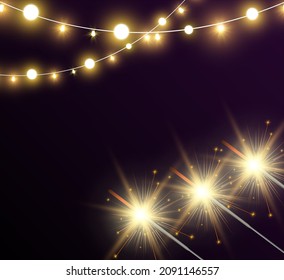 Magical light. Sparkler. Candle sparkling on the background. Realistic vector light effect. Winter, seasonal christmas decoration illustration.	