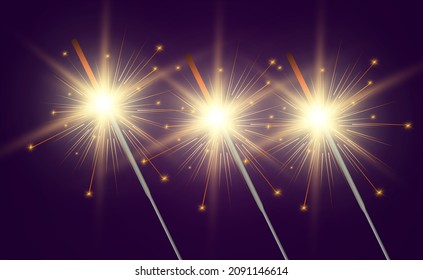 Magical light. Sparkler. Candle sparkling on the background. Realistic vector light effect. Winter, seasonal christmas decoration illustration.	