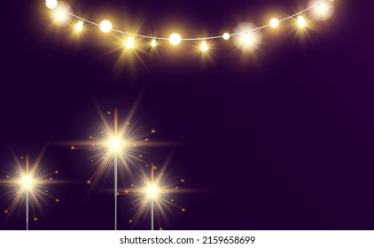 Magical light. Sparkler. Candle sparkling on the background. Realistic vector light effect. Winter, seasonal christmas decoration illustration.