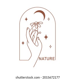 Línea mágica con luna, estrella, hojas, flor en estilo boho mínimo aislado en fondo blanco. Ilustración plana vectorial celestial. Diseño místico para tatuajes, tarjetas, historias web