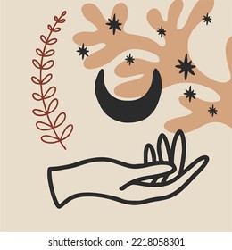 Magical line hands. Boho mystical mudra hands, celestial symbols of sun, moon and stars. Witch mystical symbol, witchcraft vector illustration icons. Magic spiritual witchcraft, mystic esoteric