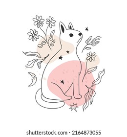 Magical linear illustration of a cat decorated with abstract spots, flowers and leaves. Vector freehand drawing.