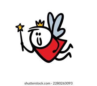 A magical little fairy in a crown flies on wings and conjures with a magic wand. Vector illustration of female stickman from a fairy tale.