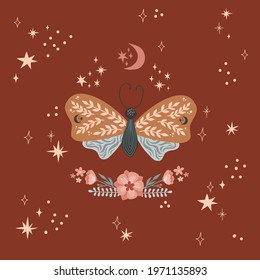 Magical luna butterfly bloomy starry space bohemian graphics print. Spiritual Boho folk art vintage celestial design