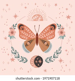 Magical Luna Butterfly Bloomy Starry Space Bohemian Graphics Print. Spiritual Boho Folk Art Vintage Celestial Design