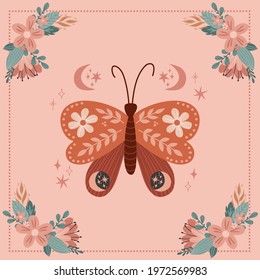 Magical luna butterfly bloomy starry space bohemian graphics print. Spiritual Boho folk art vintage celestial design