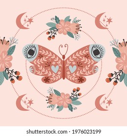 Magical luna butterfly bloomy starry space bohemian graphics print. Spiritual Boho folk art vintage celestial design