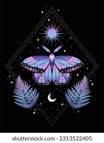 Magical luna butterfly bloomy starry space bohemian graphics print. Spiritual Boho folk art vintage celestial design