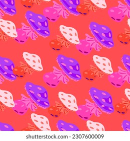 Magical magic fly agaric seamless pattern. Creative mushrooms silhouettes wallpaper. For fabric design, textile print, wrapping paper, cover. Vector illustration