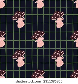 Magical magic fly agaric seamless pattern. Creative mushrooms silhouettes wallpaper. For fabric design, textile print, wrapping paper, cover. Vector illustration