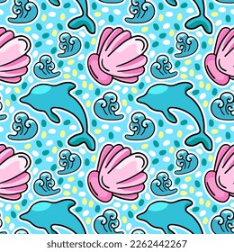 A magical marine pattern with a dolphin, vacation, vector seamless pattern in the style of doodles, hand draw