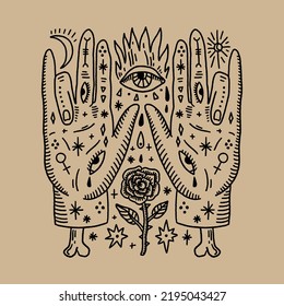 Magical medieval ancient astrology hands vector illustration. Vintage color holistic medicine art concept or mystical witchy celestial astrological wicca design. Sending energy and magic spell. Rose