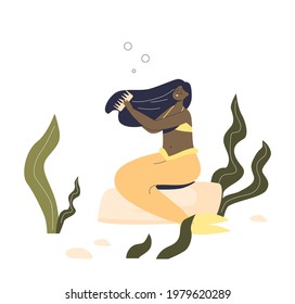 Magical mermaid brush long hair underwater. Mystery nymph with fishtail. Owner of seas. Cartoon siren, amphibian character. Flat vector illustration