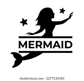 Magical mermaid logo with monogram. Kids name monogram. Swimming mermaid black silhouette. Mythical tale character in water. Little creature with tail