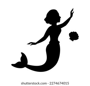 Magical mermaid. Mythical tale character logo. Silhouette of creature with tail. Magical mermaid in water black symbol