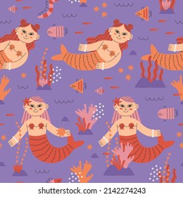 Magical Mermaids Swimming Under The Sea Seamless Pattern.