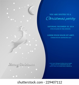 Magical Merry Christmas Card With A Deer At Night Decorative Symbol For Design Invitation. Two Part Silver And Blue