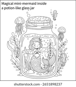 Mágica minissereia dentro de uma poção-como vidro jar, cercado por brilhantes plantas subaquáticas e fantasia criaturas marinhas - projetado para um conto de fadas colorir livro em linha de arte limpa