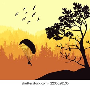 Magical misty landscape with paraglider and birds. Silhouettes of trees and mountains. Yellow, orange, brown illustration. Badge, sticker. 