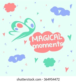 Magical Moments. Good mood, head in the clouds. Flying fairy muse among the clouds. Inspiration and creativity. Vector illustration.
