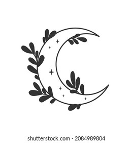 A magical moon among foliage, grasses and branches. Celestial object. Good for the design of beauty products, magic and spirit shops and merchandise, tattoos. Vector illustration.