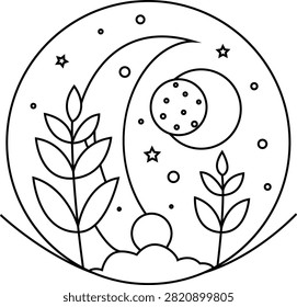 Magical Moon Garden Coloring Page with Blooming Flowers, Celestial Nightscape, Intricate Floral Line Art, and Relaxing Nature Design for Adults and Kids