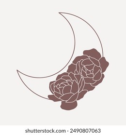 Magical moon with peonies, line minimalistic vector boho art on pink background