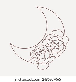 Magical moon with peonies, line minimalistic vector boho art on pink background