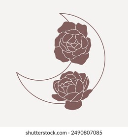 Magical moon with peonies, line minimalistic vector boho art on pink background