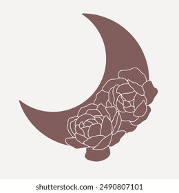 Magical moon with peonies, line minimalistic vector boho art on pink background