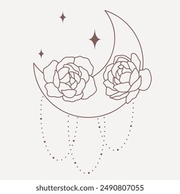 Magical moon with peonies with stars and abstract elements, line minimalistic vector boho art on pink background