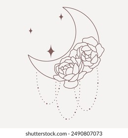 Magical moon with peonies with stars and abstract elements, line minimalistic vector boho art on pink background