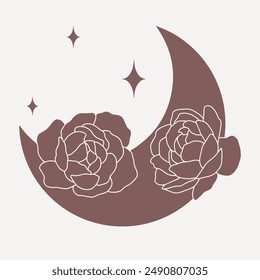Magical moon with peonies and stars, line minimalistic vector boho art on pink background