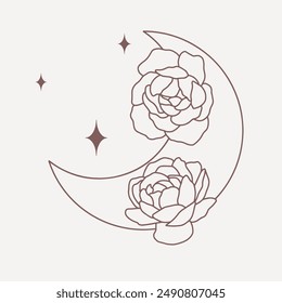 Magical moon with peonies and stars, line minimalistic vector boho art on pink background