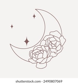 Magical moon with peonies and stars, line minimalistic vector boho art on pink background
