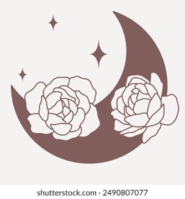 Magical moon with peonies and stars, line minimalistic vector boho art on pink background