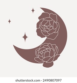 Magical moon with peonies and stars, line minimalistic vector boho art on pink background