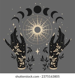 Magical moon phases, sun and woman hands. Gold and black colors. Alchemy esoteric magic space, vector isolated on gray background.