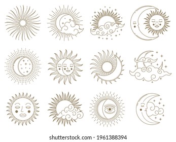 Magical moon and sun. Golden boho astrology, sun, moon, stars and clouds vector illustration set. Mystical astrology day and night symbols. Sun and moon, illustration star magic symbol, art esoteric