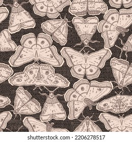 Magical moth pattern in warm dark autumn colors. Hand-drawn blush butterflies on the dark background have an alchemy look. Great for Halloween or fall decor. Seamless vector design.