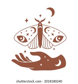 Magical moth silhouette with hand, moon, star in minimal boho style isolated on white background. Celestial vector flat illustration. Mystical design for tattoo, card, web stories