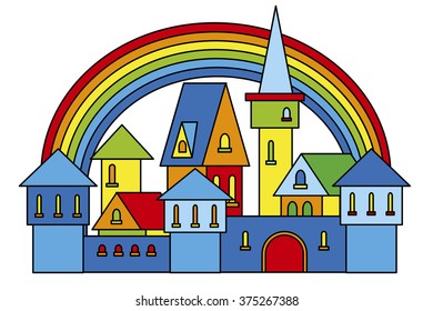 magical multicolored rainbow over city