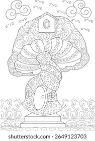 Magical Mushroom House Line Art with Zentangle Patterns for Coloring Book, Whimsical Fairytale Home Illustration.