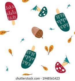 Magical mushroom and pine tree forest in autumn season, seamless pattern perfect for gift wrap, fabric  wallpaper decoration