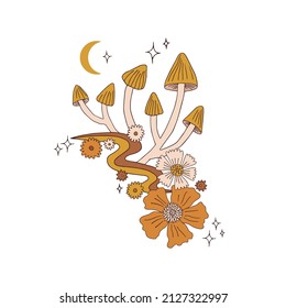 Magical mushrooms on moony rainbow path floral vector illustration isolated on white. Boho Halloween mystical nightfall nature print.