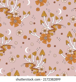 Magical mushrooms on moony rainbow path retro floral vector seamless pattern. Boho Halloween mystical toadstool flowers background. Groovy magic night surface design.