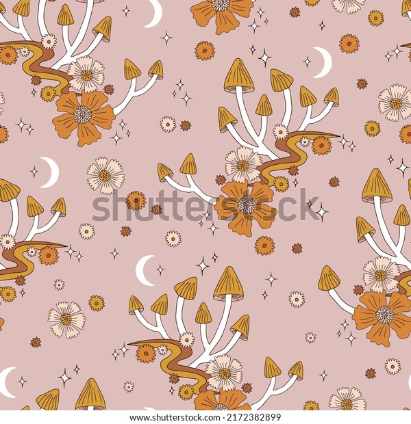 Magical mushrooms on\
moony rainbow path retro floral vector seamless pattern. Boho\
Halloween mystical toadstool flowers background. Groovy magic night\
surface design.