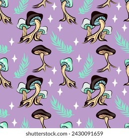 Magical mushrooms and stars seamless pattern. Vector repeating mushroom background for t-shirt, mug, bag, postcard design. 