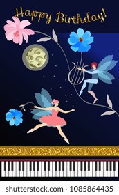 Magical music. Greeting card or poster with concert grand piano, charming fairy ballerina, elf with lyre climbing a hill, moon, stars, big pink and blue garden flowers,  golden inscription.